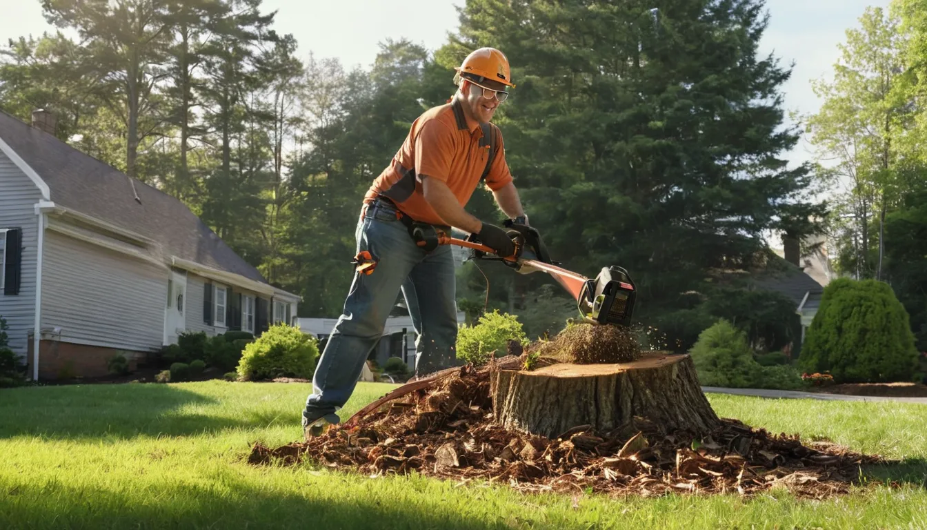 A stump grinder cutting down a tree stump in a Lindenhurst backyard while a homeowner looks on